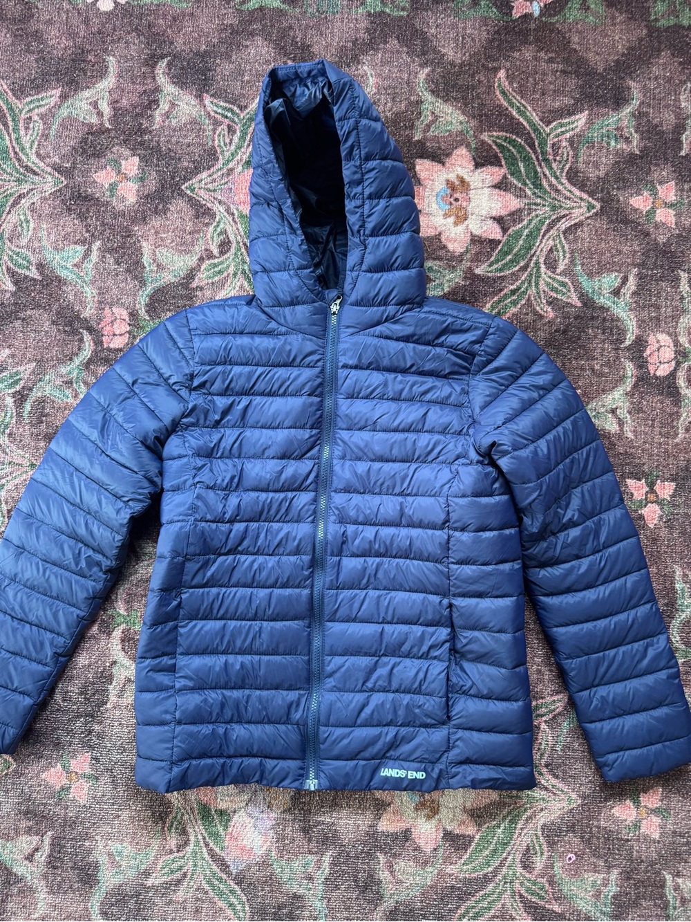 NWT Lands' End Kids' Navy Featherfree Insulated Hooded Packable Jacket - 14H-16H